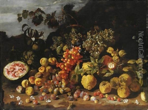 Natura Morta Di Frutta Con Prugne, Ciliegie, Anguria E Uva Oil Painting - Luca Forte