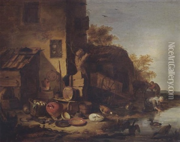 A Cottage With A Still Life Of Kitchen Utensils, Ducks, A Woman Washing Her Laundry In A Stream And A Man With A Horse In The Near Background Oil Painting - Egbert Lievensz van der Poel