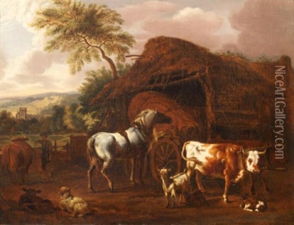 Mountain Landscape With Cow And Horse Oil Painting - Dirk van Bergen