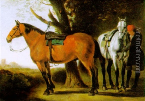 Zwei Pferde Mit Einem Reiter In Einer Bewaldeten Landschaft Oil Painting - Pieter van Bloemen