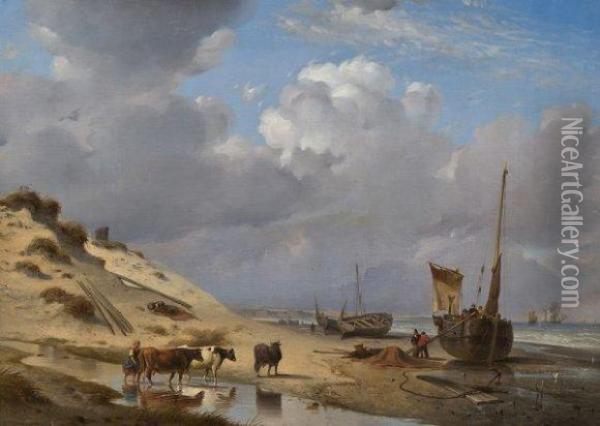 Paysage Cotier Avec Betail Et Barques Sur La Plage Oil Painting - Count Alexandre Thomas Francia