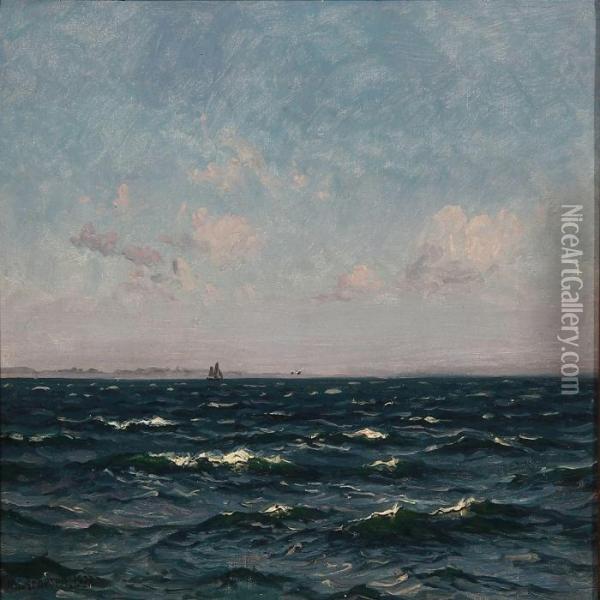 Seascape With A Sailing Ship In The Horizon Oil Painting - Vilhelm Karl Ferd. Arnesen