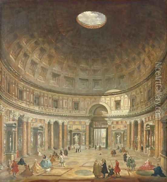 The interior of the Pantheon, Rome, looking north from the main altar towards the entrance Oil Painting - Giovanni Paolo Panini