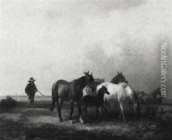Huterbub Mit Pferden In Weiter Landschaft Oil Painting - Alois Bach