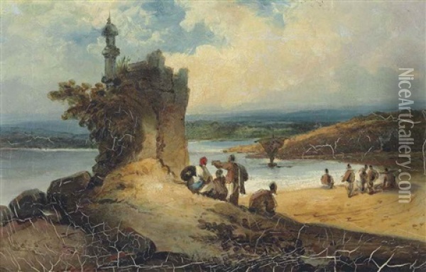 A Coastal Landscape At Macao With Chinese By A Ruined Temple Oil Painting - George Chinnery