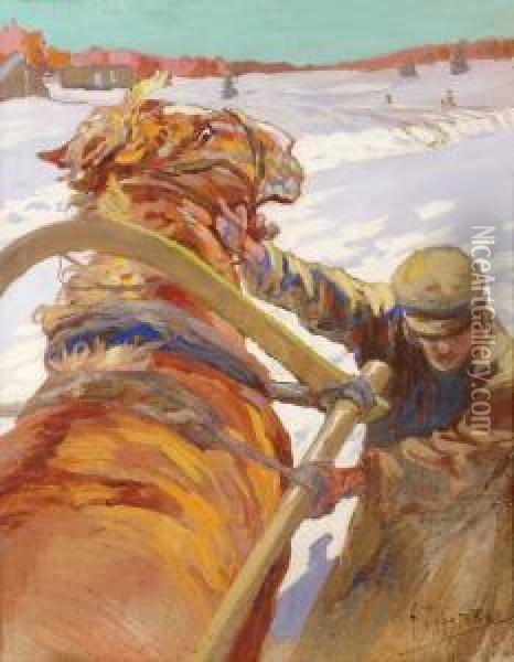 Ryssland. Arbetarhast I Snolandskap Oil Painting - Nikolai Vasilevich Pirogov
