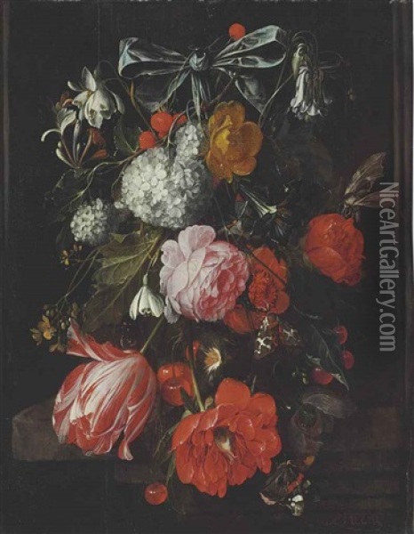 A Garland Of Roses, Poppies, A Tulip, Morning Glories, Honeysuckle, Columbine... Oil Painting - David Cornelisz Heem III