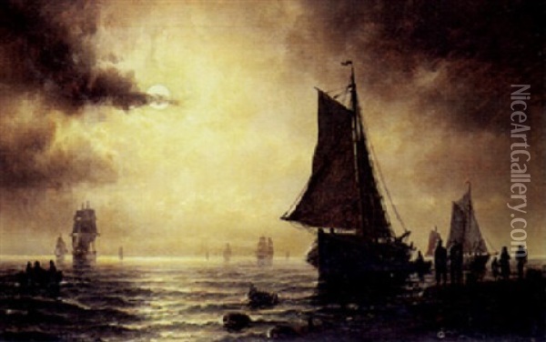 Sejlskibe I Maneskin Oil Painting - Carl Ludwig Bille