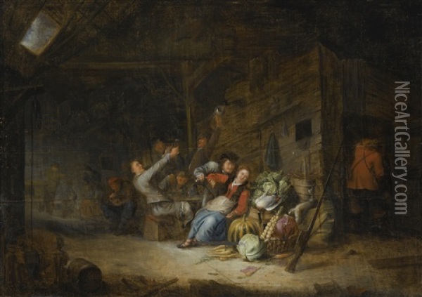 A Barn Interior With Figures Drinking Around A Table Oil Painting - Gerrit Lundens
