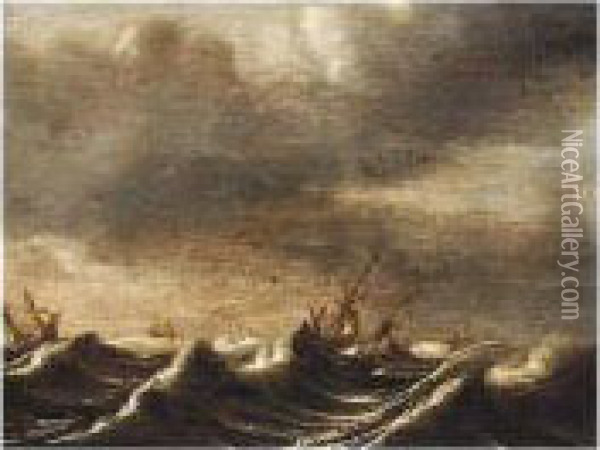 A Stormy Seascape Oil Painting - Simon De Vlieger