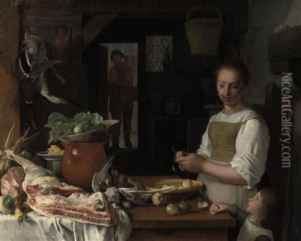 A Kitchen Interior With A Maid And A Child Peeling Apples Oil Painting - Jeremias van Winghe