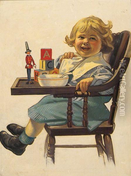 Toddler In High Chair With Blocks, Doll And Cereal Bowl. Oil Painting - Frederick Lowenheim