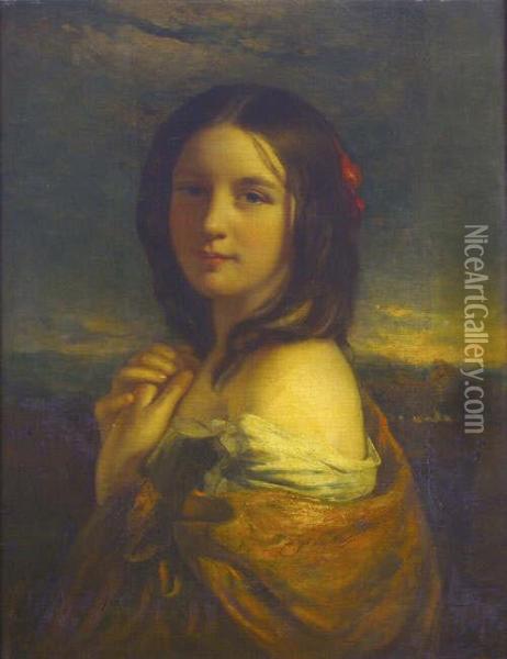 R.a. Portrait Of A Young Girl, 
Head And Shoulders, Wearing A Cream Dress And Red Shawl, Together With 
Red Flower Decorating Her Hair, An Extensive Landscape Beyond Inscribed 
With The Artist's Name And His Dates On An Old Label Verso, Together 
With Oil Painting - William Etty