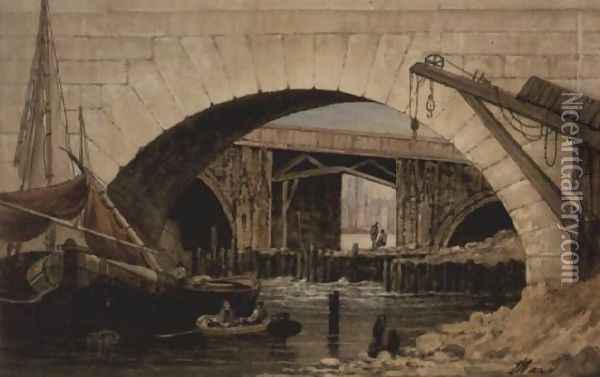 Barges Moored Near New London Bridge Oil Painting - John Ward