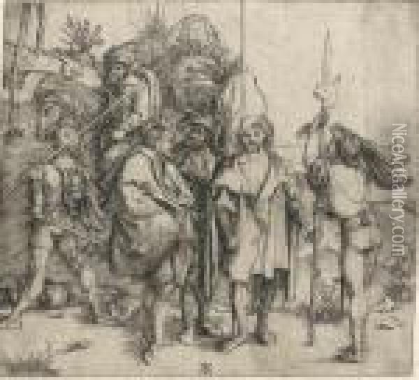 Five Soldiers And A Turk On Horseback Oil Painting - Albrecht Durer