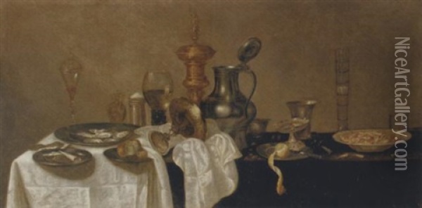 An Upturned Tazza, A Roemer, A Facon-de-venise Glass, Oysters, A Bun, A Lemon, A Knife And A Tazza On Pewter Plates, With A Porcelain Bowl On A Partly-draped Ledge Oil Painting - Cornelis Mahu