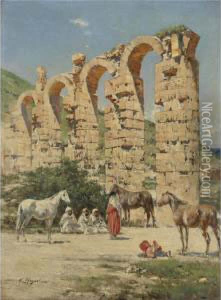 Horses Halted In Front Of The Ruins Of The Aqueduct Of The Ouedbella, Cherchell, Algeria Oil Painting - Victor Pierre Huguet