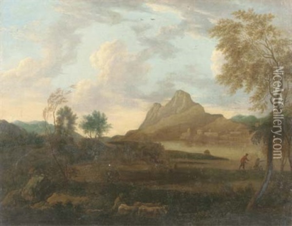 An Extensive Mountainous River Landscape With A Herdsman Driving Cattle And Fisherfolk On A River Bank Oil Painting - Jacob De Heusch