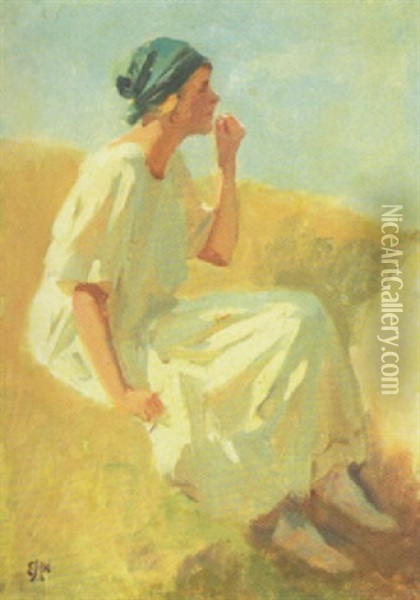Siddende Ung Kvinde I Klitter Oil Painting - Erik Ludwig Henningsen