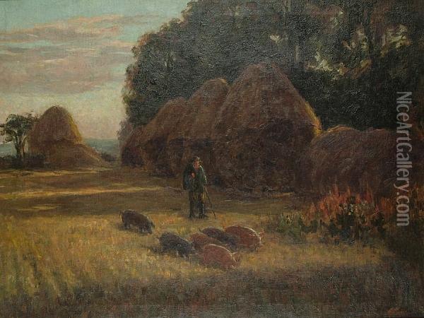 A Farmer Driving Pigs Through A Field With Hay Ricks Oil Painting - Gwendoline Mary Hopton