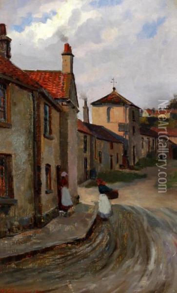 Askern, Figures By The Water Pump Oil Painting - Arthur Netherwood