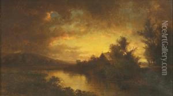 River Landscape At Sunset Oil Painting - Charles Day Hunt