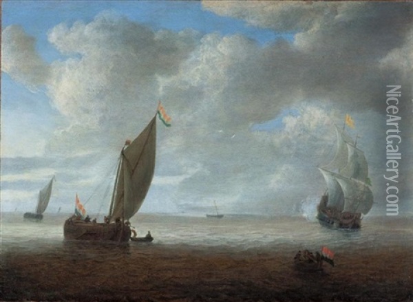 Dutch Coastal Vessels In A Light Breeze, A Man Of War Firing A Salute Beyond Oil Painting - Hendrick Van Anthonissen