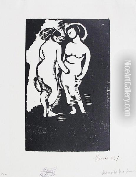 La Veillee, Deux Femmes Nues En Pieds Oil Painting - Manolo