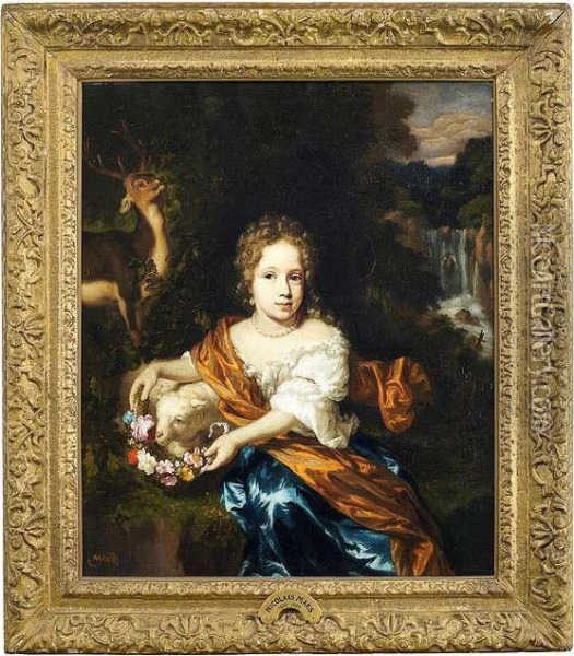 Portrait Of A Girl With A Sheep And A Deer In Front Of A Landscape With A Cascade. Oil Painting - Nicolaes Maes