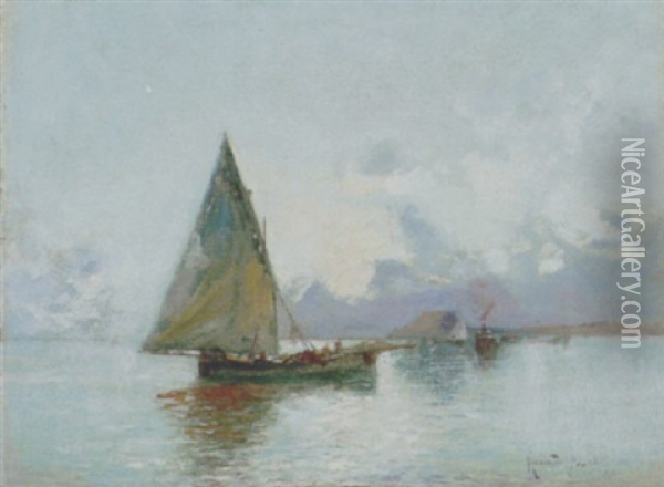 Barche Di Pescatori A Procida Oil Painting - Oscar Ricciardi