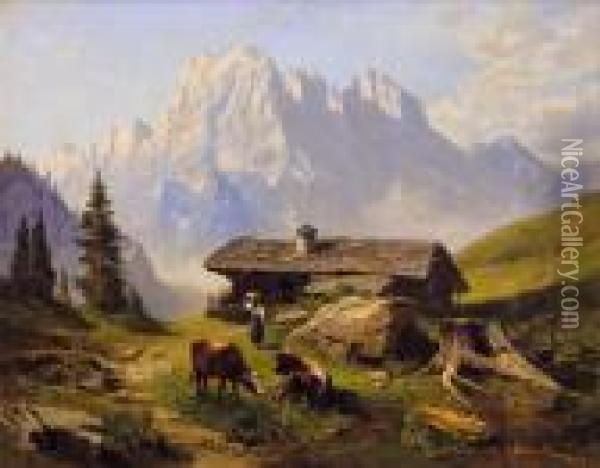 Hochgebirge Mit Almhutte Oil Painting - Leopold Munsch