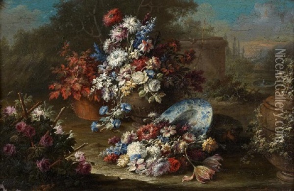 Bouquets De Fleurs Pres D'un Arbre Et Bouquet De Fleurs Avec Une Assiette En Porcelaine (pair) Oil Painting - Gasparo Lopez