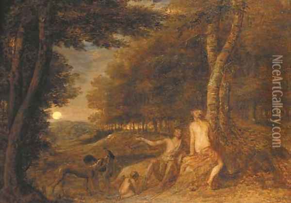 A wooded landscape with figures fishing by a waterfall Oil Painting - Maximilian Joseph Schinnagl