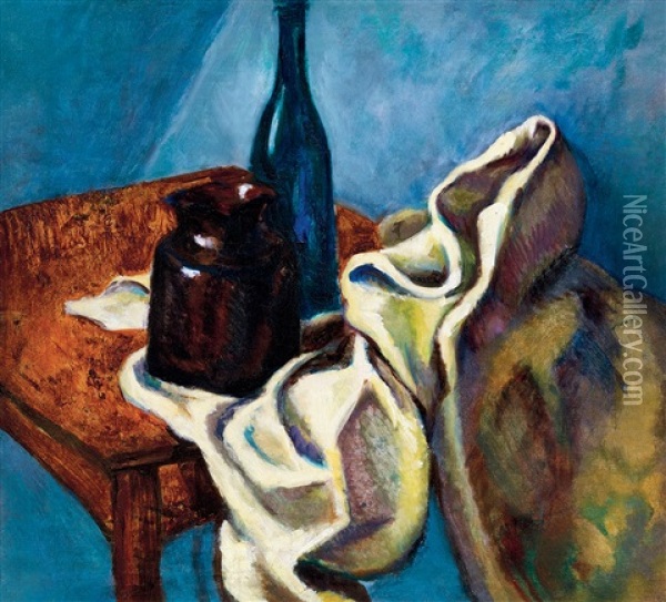 Still-life With Blue Bottle Oil Painting - Lajos (Ludwig) Tihanyi