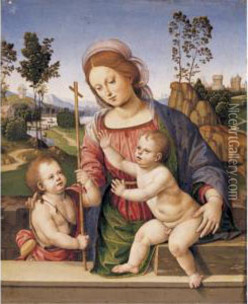 Madonna And Child With The Infant St. John The Baptist In A Landscape Oil Painting - Timoteo Viti