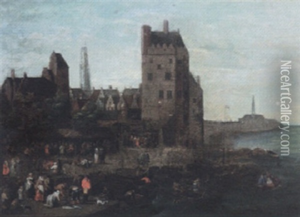 Market Scene On A Harbour Quay Oil Painting - Pieter Bout
