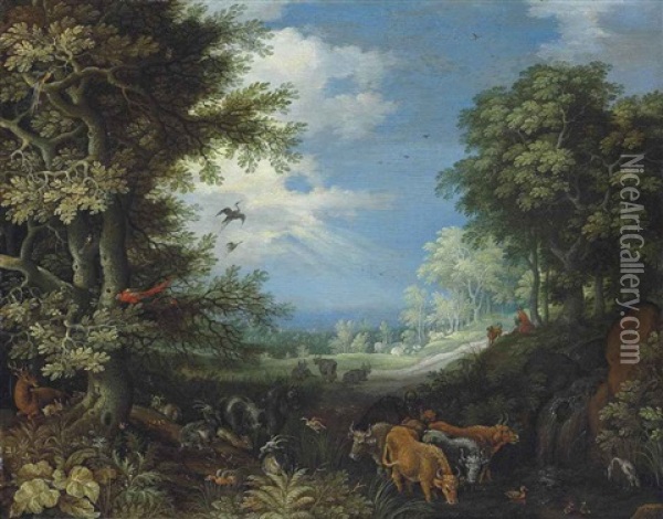 A Wooded Landscape With Cattle, Goats, A Stag, Ducks, A Parrot And Other Birds, A Herdsman And His Dog Beyond Oil Painting - Roelandt Savery