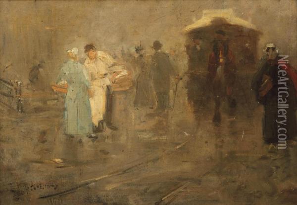 A Cityscape With Figures And A Horse-drawn Tram Oil Painting - Floris Arntzenius