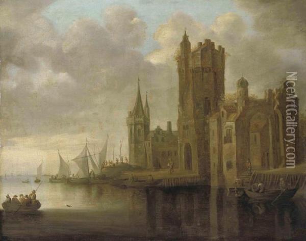 A Riverside Harbour Beside A Fortified Town With Figures Oil Painting - Jan van Goyen