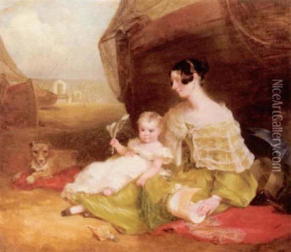 Caroline Preston With A Child On A Beach At Lowestoft Oil Painting - Joseph Clover