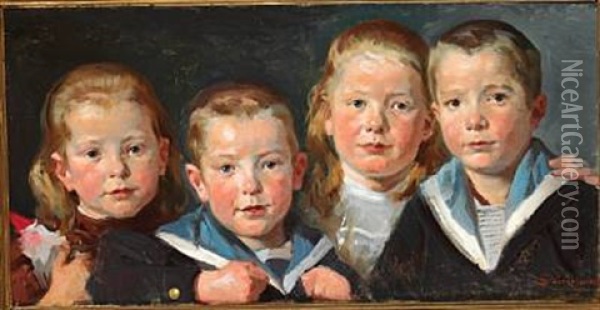 Group Portrait Of The Artist's Four Children Jorgen, Henriette, Mogens And Ingeborg Oil Painting - Erik Ludwig Henningsen