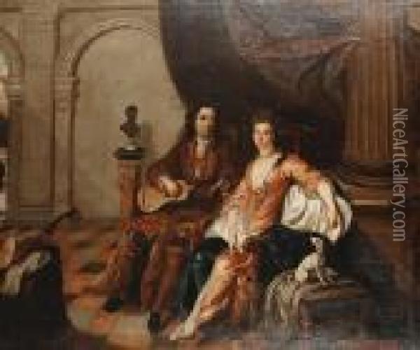 Interior With Husband And Wife Oil Painting - Caspar Netscher