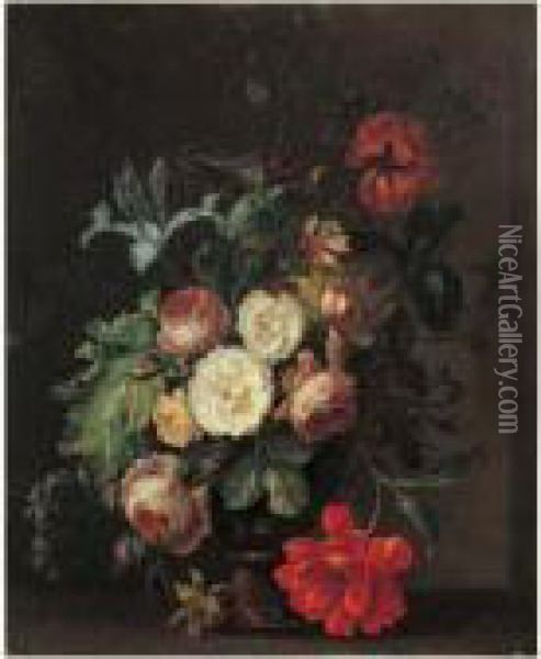 Nature Morte Au Vase De Fleurs Sur Un Entablement Oil Painting - Justus Ii Van Huysum