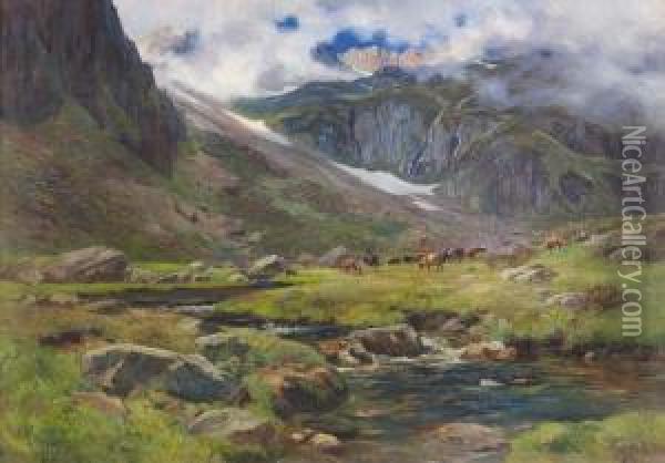 Alpenlandschaft Mit Weidenden Kuhen. Oil Painting - Fritz Edouard Huguenin-Lassauguette
