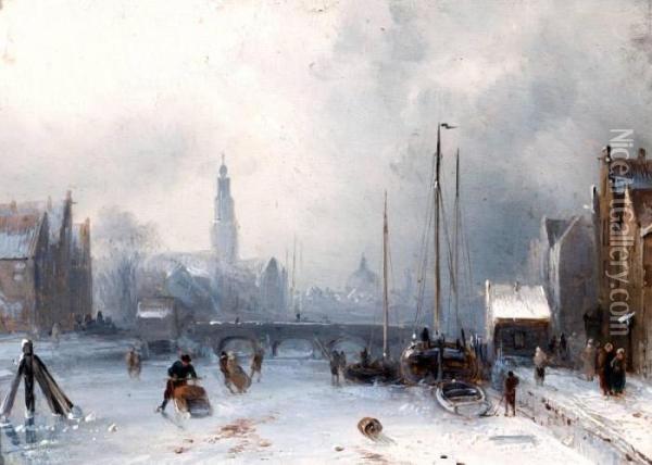 Winters Ijsvermaak Op Een Hollandse Stadsgracht Oil Painting - Charles Henri Leickert