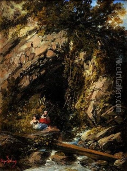 Pecheuses Devant La Grotte Oil Painting - Gabriel Hippolyte Le Bas