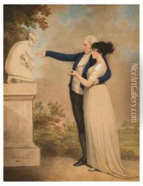 A Lady And Gentleman Looking At A Crouching Venus In A Landscape. Oil Painting - Adam Buck
