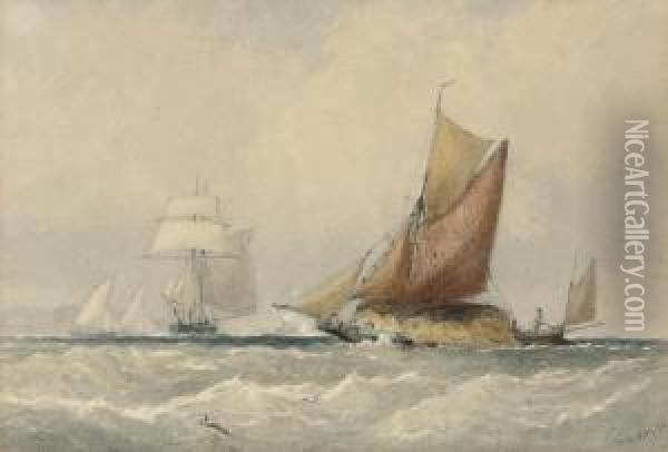 A Loaded Hay Barge And Other Shipping In The Channel Oil Painting - Walter William May