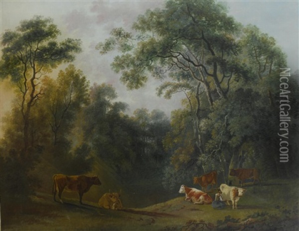 A Wooded Landscape With A Milk-maid And Cattle Oil Painting - George Barret