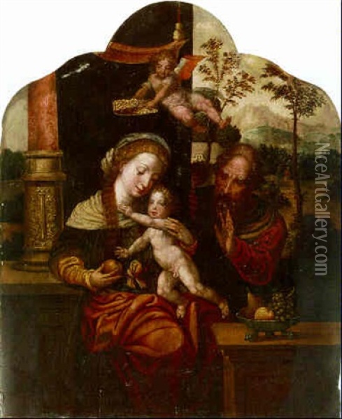 The Holy Family With An Angel Crowning The Virgin, A Landscape Beyond Oil Painting - Pieter Coecke van Aelst the Elder